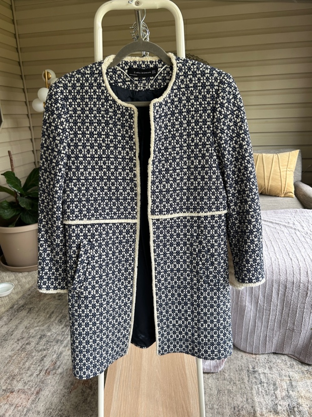 Zara Navy & White Tweed Collarless Coat with Cream Trim